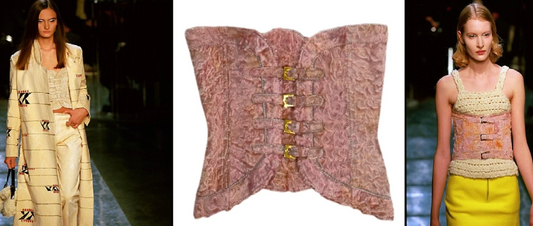 Vintage F/W 1999 Fendi x Karl Lagerfeld Runway Pink & Yellow Fur Corset Bustier Top w Buckles