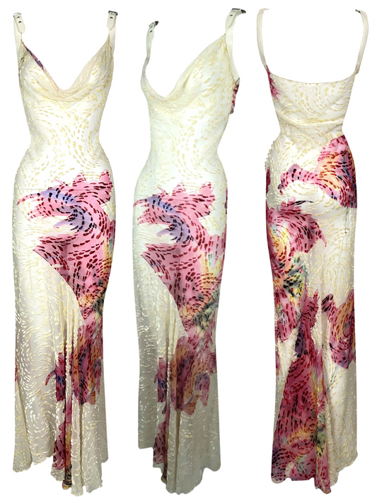 S/S 2001 Christian Dior by John Galliano Sheer Cream Silk Velvet Burnout Snakeskin Buckle Straps Maxi Dress