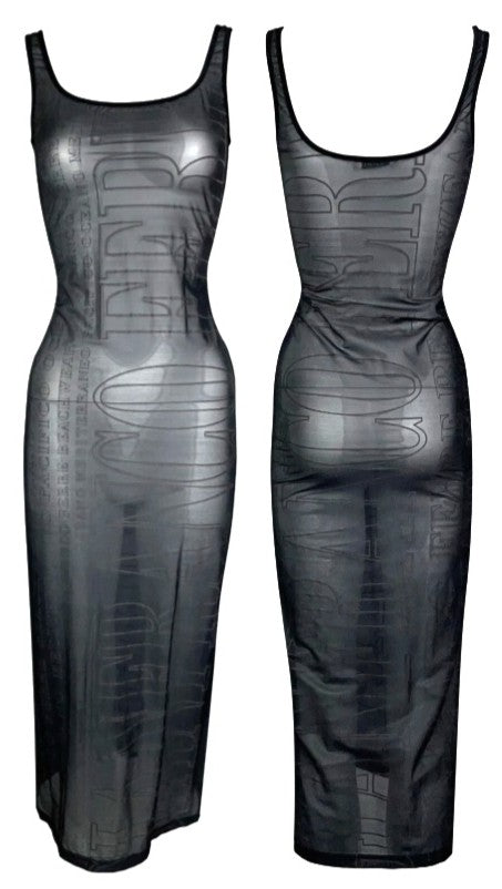 Vintage 1990's Gianfranco Ferre Sheer Black Logo Monogram Bodycon Maxi Dress