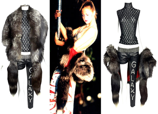 F/W 2001 Fausto Puglisi Runway Sheer Black Lace Top Leather Embellished Galaxy Ultra Low Rise Pants Wide Crystal Belt & Fox Fur Shawl