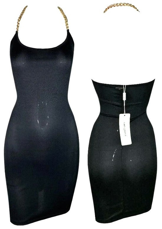 NWT Vintage 1990's Dolce & Gabbana Semi-Sheer Black Bodycon Gold Chain Halter Mini Dress