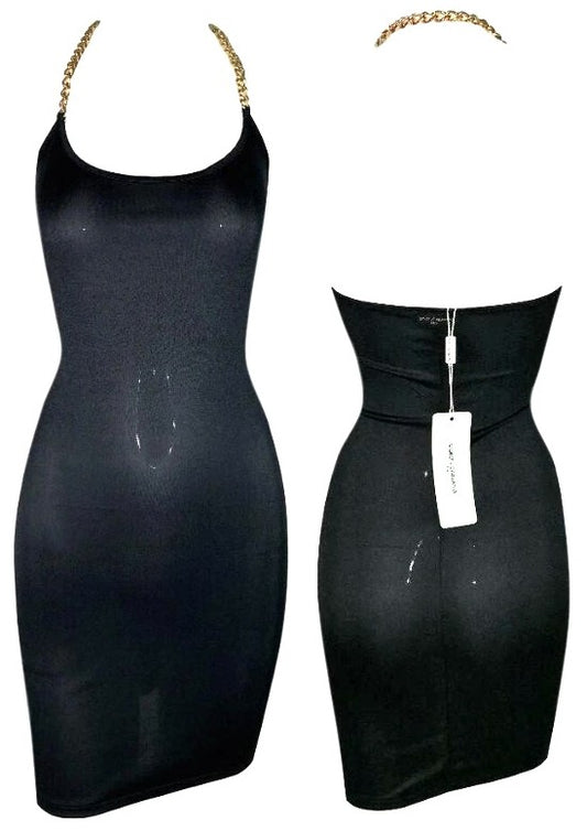 NWT Vintage 1990's Dolce & Gabbana Semi-Sheer Black Bodycon Gold Chain Halter Mini Dress