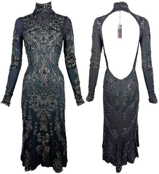 $30k F/W 2005 Roberto Cavalli RARE Special Edition Black Crystal Fully Embellished Backless Dress