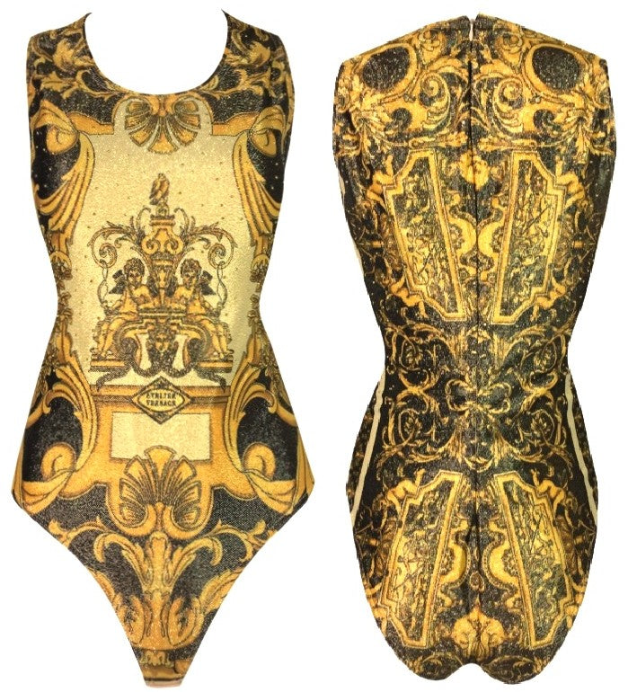 Vintage 1992 Gianni Versace Atelier Print Gold Studded Bodysuit Top 42