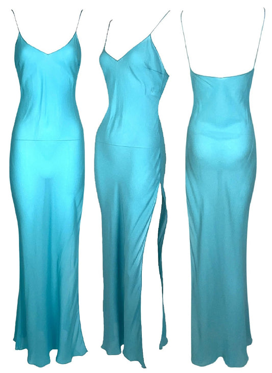 F/W 2003 Christian Dior by John Galliano Sheer Blue Silk High Slit Slip Maxi Dress