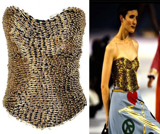 S/S 1994 Moschino Couture Runway Gold Safety Pin Bustier Top