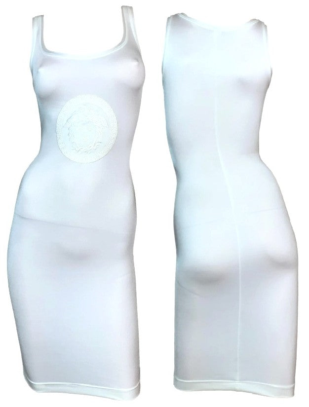 Vintage S/S 1996 Gianni Versace Pearl Ivory Nylon Bodycon Mini Dress Medusa Logo 38