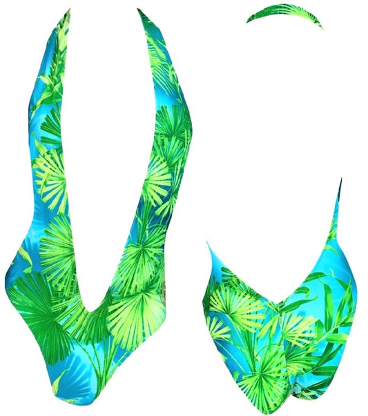 S/S 2000 Gianni Versace Infamous Palm Tree Print Plunging Swimsuit Bodysuit M