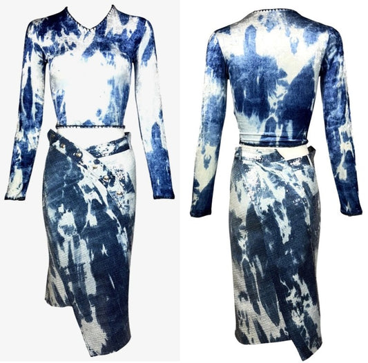 F/W 2000 Christian Dior by John Galliano Blue Tie Dye Velvet Crop Top & Sequin Pencil Skirt Set