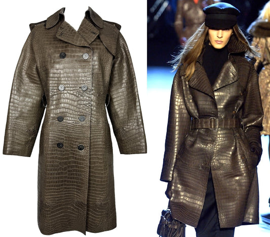F/W 2007 Hermès by Jean Paul Gaultier Runway RARE Brown Crocodile Alligator Trench Coat Jacket