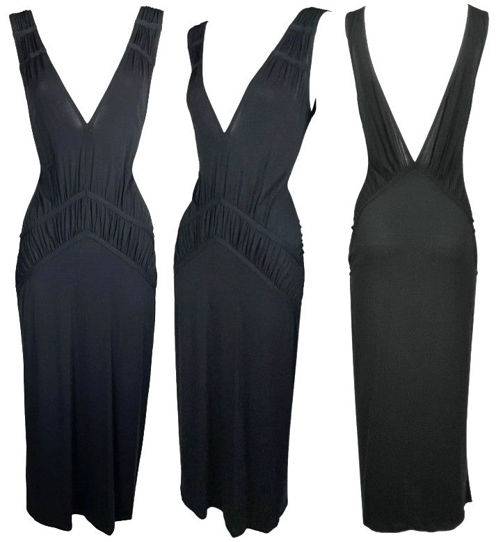 S/S 2003 Christian Dior x John Galliano Classic Sexy LBD Plunging Stretchy Black Midi Dress