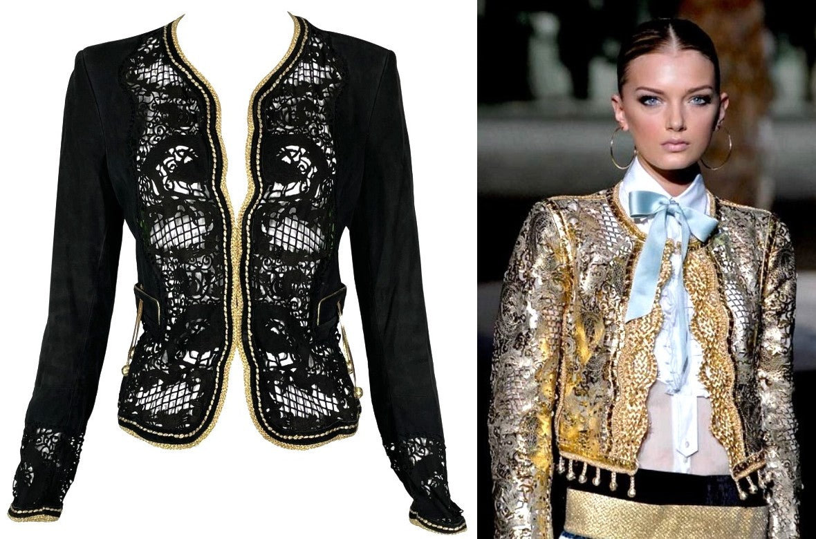 S/S 2007 Roberto Cavalli Black Chinoiserie Dragon Laser Cut Leather Short Fitted Jacket