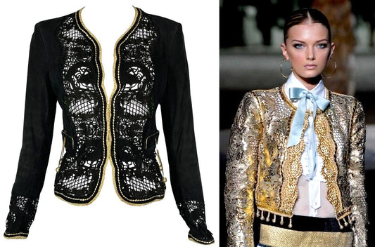 S/S 2007 Roberto Cavalli Black Chinoiserie Dragon Laser Cut Leather Short Fitted Jacket