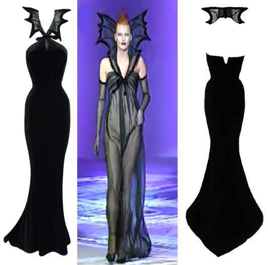 S/S 1997 Thierry Mugler Kiss of the Spiderwoman Black Velvet Mermaid Gown Dress