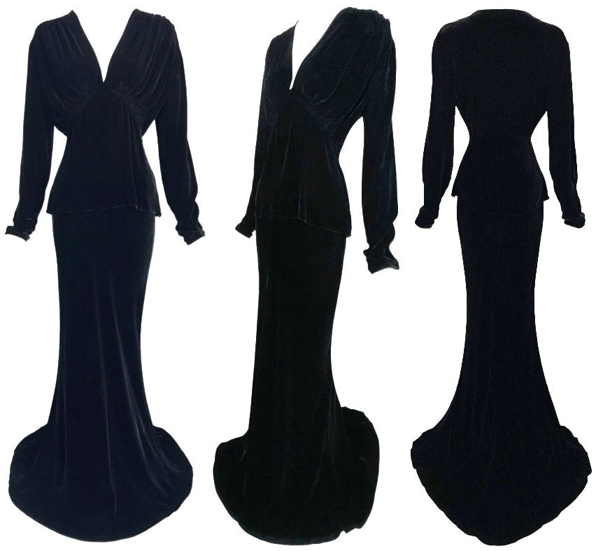 Vintage 1990's Ralph Lauren Collection Black Velvet Victorian Goth Morticia Set Dress w Train