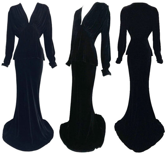 Vintage 1990's Ralph Lauren Collection Black Velvet Victorian Goth Morticia Set Dress w Train