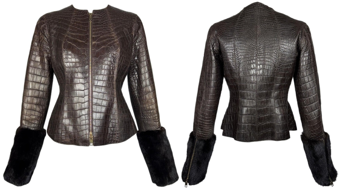 F/W 2008 RARE Gianfranco Ferre Brown Crocodile Alligator Mink Fur Fitted Jacket