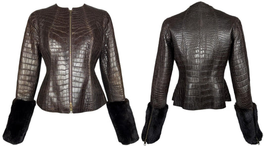 F/W 2008 RARE Gianfranco Ferre Brown Crocodile Alligator Mink Fur Fitted Jacket