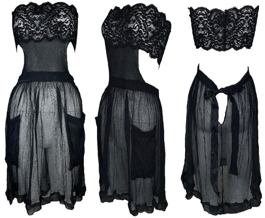 1990's Jean Paul Gaultier Sheer Black Lace & Silk Off Shoulder Apron Mini Dress