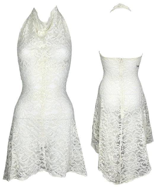 Vintage S/S 1999 Alexander McQueen Ivory Lace Halter Mini Dress