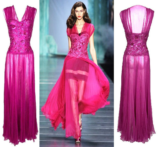 S/S 2010 Christian Dior by John Galliano Runway 1940's Vixen Pin-Up Sheer Hot Pink Silk Maxi Dress