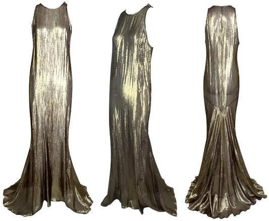 F/W 2011 Roberto Cavalli Runway Sheer Gold 1920's Flapper Style Extra Long Gown Dress w Small Train