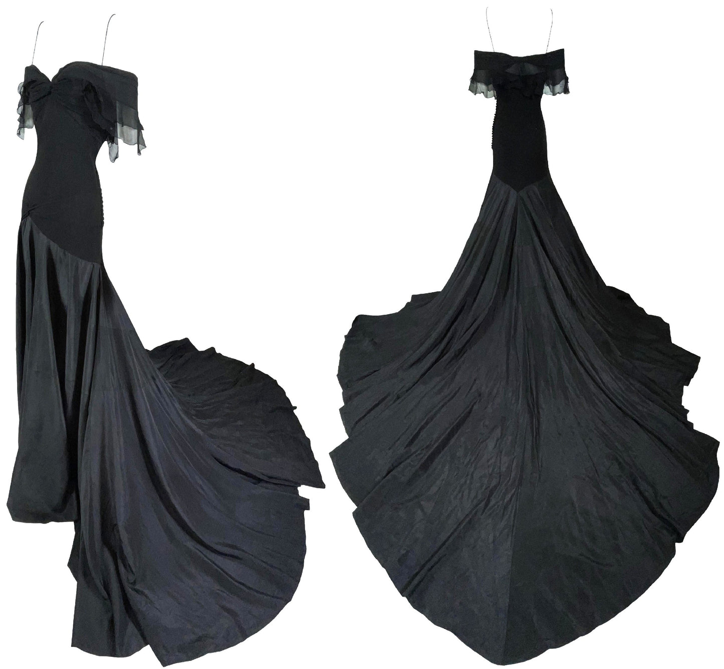 S/S 2004 Christian Dior by John Galliano Black Silk Off Shoulder Goth Princess Gown Dress w Train