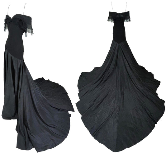 S/S 2004 Christian Dior by John Galliano Black Silk Off Shoulder Goth Princess Gown Dress w Train