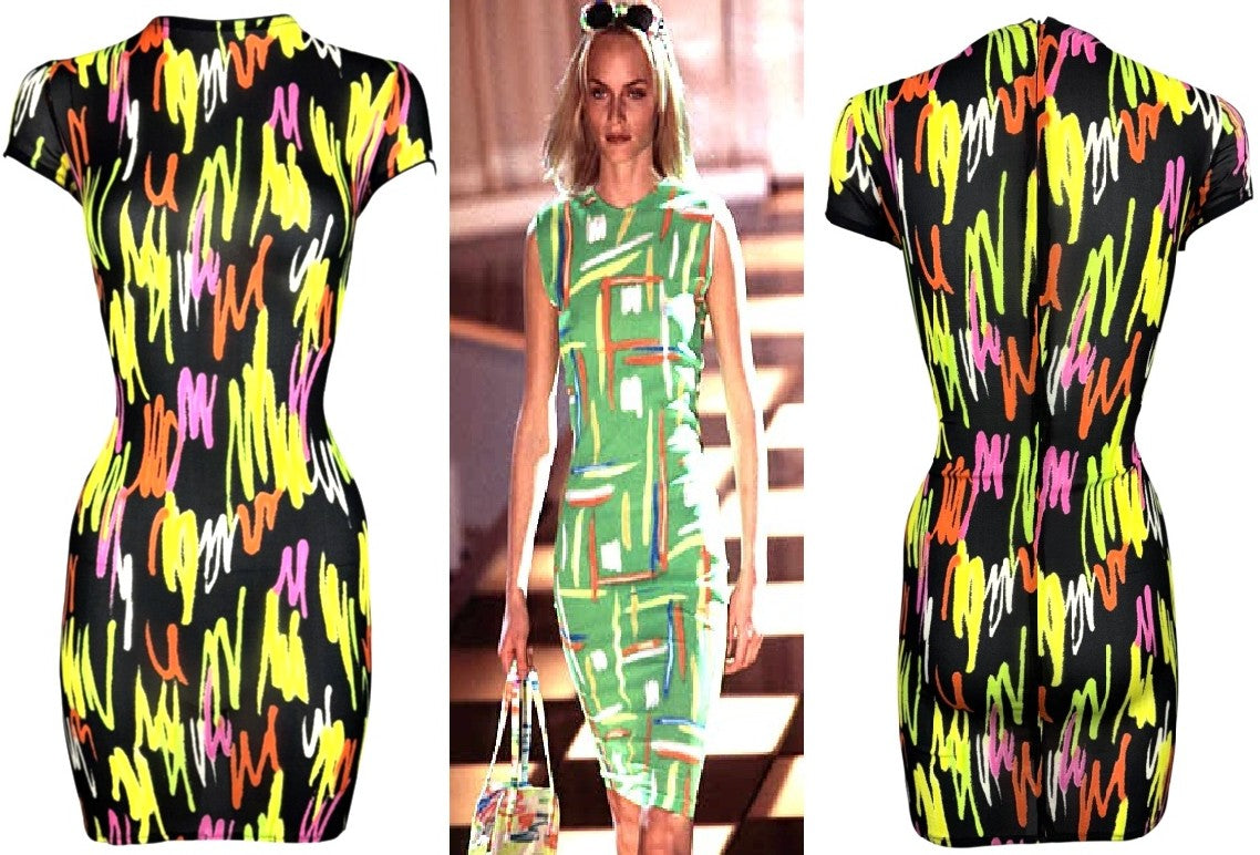 S/S 1996 Gianni Versace Sheer Black Neon Graffiti Spray Paint Silk Mini Dress