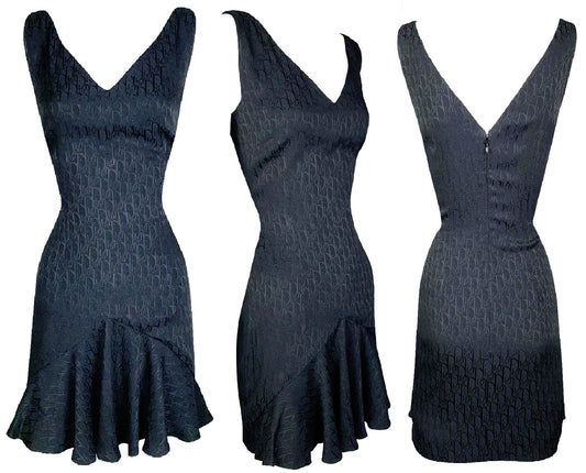 Vintage 1999 Christian Dior by John Galliano Black Logo Monogram Pleated Skater School Girl Mini Dress