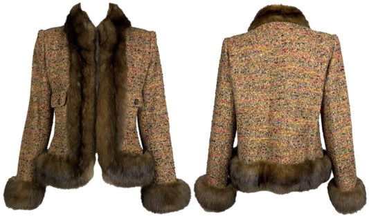 Vintage 1960's Givenchy Haute Couture Classic Fitted Brown Tweed Sable Fur Jacket Blazer