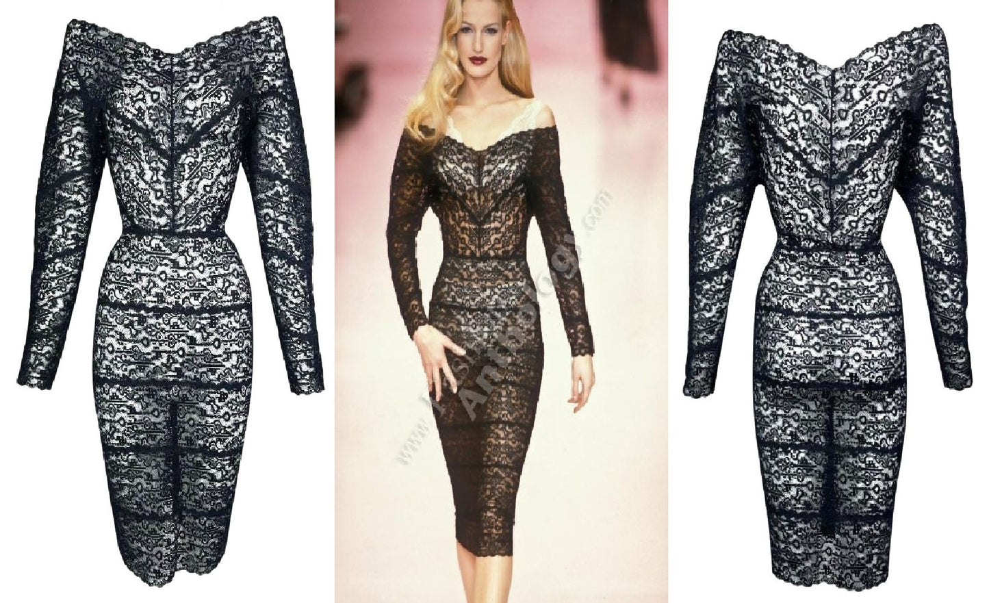 F/W 1995 Chantal Thomass Runway Sheer Black Lace Pin-Up Wiggle Dress