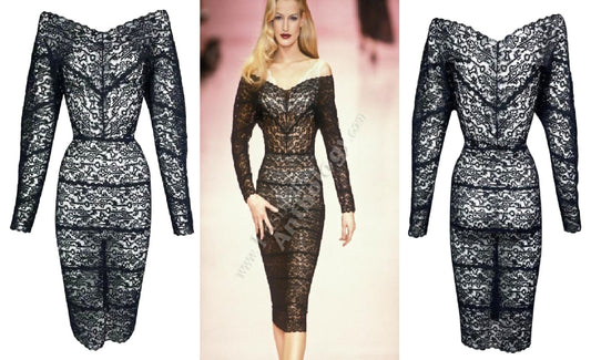F/W 1995 Chantal Thomass Runway Sheer Black Lace Pin-Up Wiggle Dress