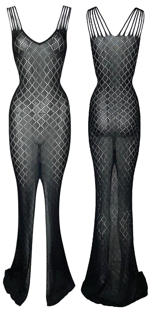 S/S 2001 Christian Dior by John Galliano Sheer Black Knit Bodycon Extra Long Maxi Dress