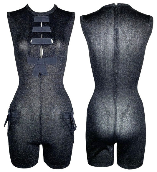 Vintage 1992 Gianni Versace Sheer Black Lolita Pin-Up Bow Detail Knit Romper Jumpsuit