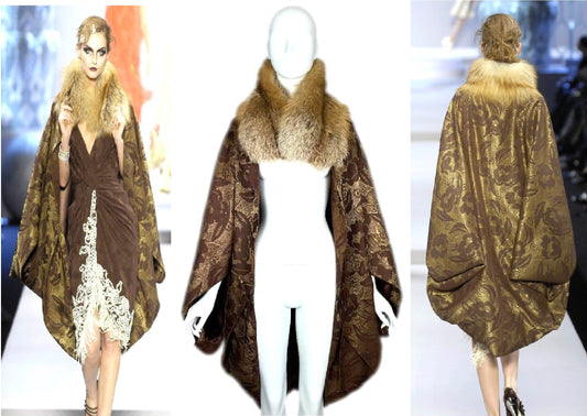 S/S 2008 Christian Dior by John Galliano Runway Gold & Brown Poiret 20's Style Cape Coat w Fox Fur