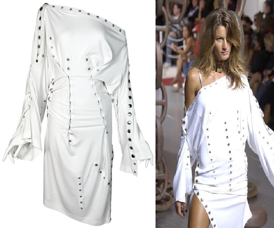 S/S 2003 Dolce & Gabbana Runway White Snap Up Off Shoulder Adjustable Dress