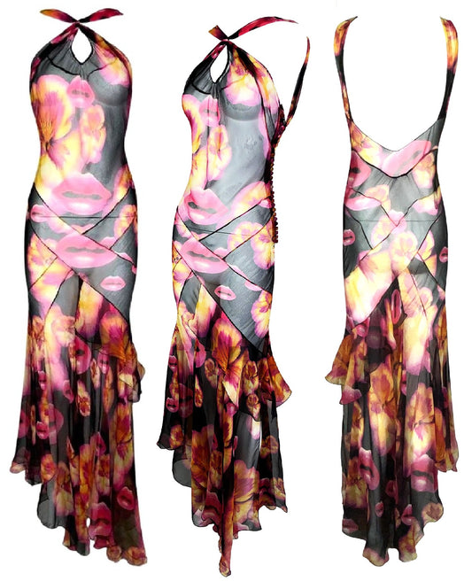 S/S 2005 Christian Dior by John Galliano Sheer Black Silk Lips Flower Ruffle Dress