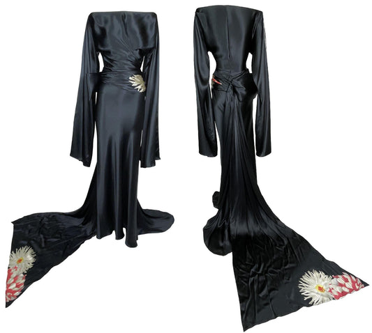 S/S 2003 Gianfranco Ferre Runway Japanese Kimono Sleeve & Bow Black Satin Top & Skirt Gown w Train