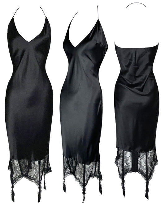 S/S 2004 Christian Dior by John Galliano Black Satin Lace Garter Lingerie Slip Dress