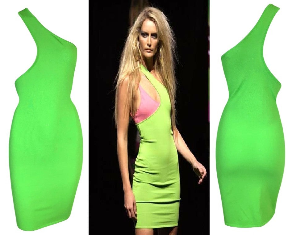 S/S 2003 Gianni Versace Runway Green Knit Bodycon One Arm Open Chest Mini Dress
