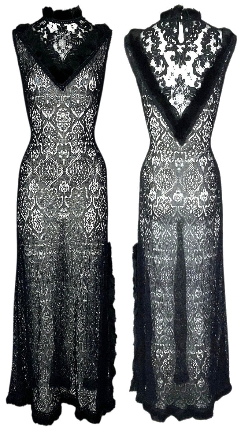 C. 1997 Christian Dior x John Galliano Russian Princess Sheer Black Knit & Lace High Slit Fur Trim Maxi Dress
