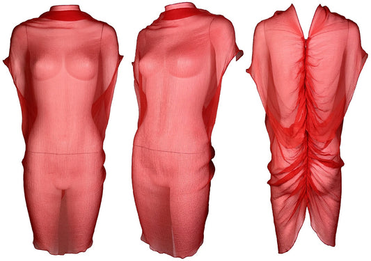 S/S 2003 Alexander McQueen Sheer Red Silk Tunic Mini Dress