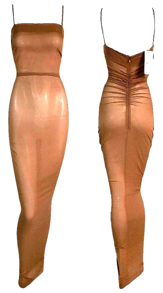 Vintage NWT 1990's Dolce & Gabbana Sheer Tan Stretch Silk Wiggle Maxi Dress
