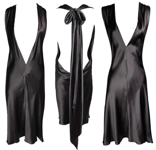 F/W 2002 Dolce & Gabbana Runway Brown Satin Plunging Halter Tie Adjustable Dress