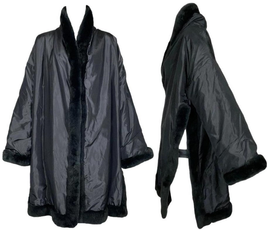 2000's Jean Paul Gaultier Kimono Style Black Fur Open Sides Swing Coat Jacket