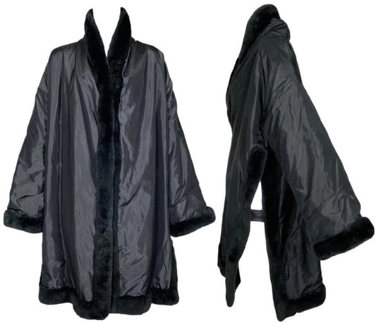 2000's Jean Paul Gaultier Kimono Style Black Fur Open Sides Swing Coat Jacket