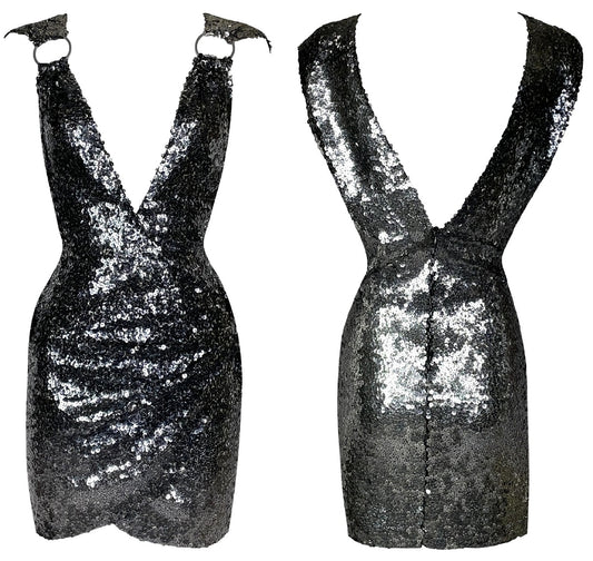Vintage C. 2000 Fausto Puglisi Plunging Sequin Metal Circle Straps Mini Dress