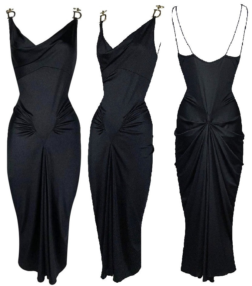 F/W 2000 Christian Dior by John Galliano Black Nylon Bodycon Gold Logo Straps Dress