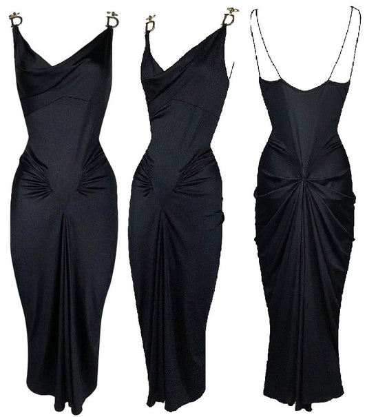 F/W 2000 Christian Dior by John Galliano Black Nylon Bodycon Gold Logo Straps Dress